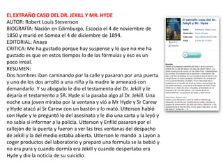 EL EXTRAÑO CASO DEL DR. JEKILL Y MR. HYDE
AUTOR: Robert Louis Stevenson
BIOGRAFÍA: Nación en Edimburgo, Escocia el 4 de noviembre de
1850 y murió en Somoa el 4 de diciembre de 1894.
EDITORIAL: Anaya
CRITICA: Me ha gustado porque hay suspense y lo que no me ha
gustado es que en estos tiempos lo de las fórmulas y eso es un
poco irreal.
RESUMEN:
Dos hombres iban caminando por la calle y pasaron por una puerta
y uno de los dos arrolló a una niña y la madre le amenazó con
demandarlo. Y su abogado le dio el testamento del Dr. Jekill y le
dejaría el testamento a SR. Hyde si la pasaba algo al Dr. Jekill. Una
noche una joven miraba por la ventana y vió a Mr Hyde y Sr Carew
y Hyde atacó al Sr Carew con un bastón y lo mató. Utterson habló
con Hyde y le preguntó lo del asesinato y le dio una carta y la leyó y
no sabía si informar a la policía. Utterson y Enfild pasaron por el
callejón de la puerta y fueron a ver las tres ventanas del despacho
de Jekill y la del medio estaba abierta. Utterson le mandó a Layon a
coger productos del laboratorio y preparó una formula se la bebió y
no era pura y cuando dormía era Jekill y cuando despertaba era
Hyde y dio la noticia de su suicidio.
 