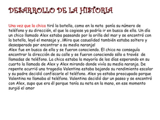 Una vez que la chica tiró la botella, como en la nota ponía su número de
teléfono y su dirección, el que la cogiese ya podría ir en busca de ella. Un día
un chico llamado Alex estaba paseando por la orilla del mar y se encontró con
la botella, leyó el mensaje y…¡Mira que casualidad también estaba soltero y
desesperado por encontrar a su media naranja!
Alex fue en busca de ella y se fueron conociendo. El chico no conseguía
encontrar la dirección de su calle y se fueron conociendo sólo a través de
llamadas de teléfono. La chica estaba la mayoría de los días esperando en su
cuarto la llamada de Alex y Alex mirando donde vivía su media naranja. De
repente ocurrió una tragedia Valentina estaba bajando su rendimiento escolar
y su padre decidió confiscarle el teléfono. Alex ya estaba preocupado porque
Valentina no llamaba al teléfono. Valentina decidió dar un paseo y se encontró
con Alex, supo que era él porque tenía su nota en la mano, en ese momento
surgió el amor
 