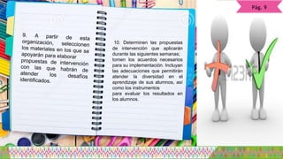 Pág. 9
10. Determinen las propuestas
de intervención que aplicarán
durante las siguientes semanas;
tomen los acuerdos necesarios
para su implementación. Incluyan
las adecuaciones que permitirán
atender la diversidad en el
aprendizaje de sus alumnos, así
como los instrumentos
para evaluar los resultados en
los alumnos.
 
