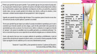 Pág. 11
16. Compartan el
contenido de las
lecturas y, a partir
de los términos y las
ideas que
destacaron, generen
un texto para su
escuela que
considere qué es
necesario tener
presente para
aprender entre
pares.
 