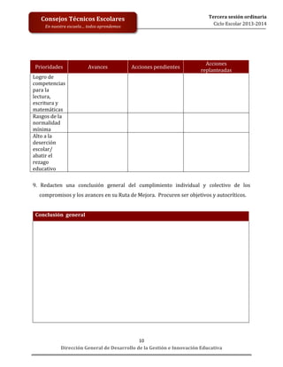 Tercera	
  sesión	
  ordinaria	
  
Ciclo	
  Escolar	
  2013-­‐2014	
  

Consejos	
  Técnicos	
  Escolares	
  

	
  
	
  
	
  
	
  
	
  
	
  
	
  

En	
  nuestra	
  escuela…	
  todos	
  aprendemos	
  

Prioridades	
  
Logro	
  de	
  
	
  
competencias	
  
para	
  la	
  
lectura,	
  
escritura	
  y	
  
matemáticas	
  
Rasgos	
  de	
  la	
   	
  
normalidad	
  
mínima	
  
Alto	
  a	
  la	
  
	
  
deserción	
  
escolar/	
  
abatir	
  el	
  
rezago	
  
educativo	
  
	
  

Avances	
  	
  

Acciones	
  	
  
replanteadas	
  

Acciones	
  pendientes	
  

	
  

	
  

	
  

	
  

	
  

	
  

9.	
   Redacten	
   una	
   conclusión	
   general	
   del	
   cumplimiento	
   individual	
   y	
   colectivo	
   de	
   los	
  
compromisos	
  y	
  los	
  avances	
  en	
  su	
  Ruta	
  de	
  Mejora.	
  	
  Procuren	
  ser	
  objetivos	
  y	
  autocríticos.	
  
	
  
Conclusión	
  	
  general	
  

	
  
	
  
	
  
	
  
	
  
	
  
	
  
	
  
	
  
	
  
10	
  
Dirección	
  General	
  de	
  Desarrollo	
  de	
  la	
  Gestión	
  e	
  Innovación	
  Educativa	
  

 