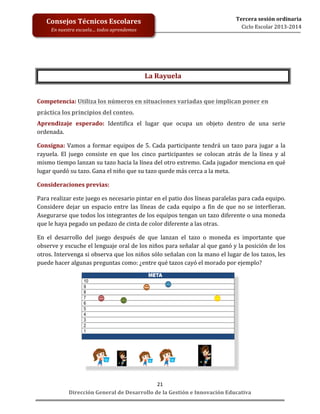  
	
  
	
  
	
  
	
  
	
  
	
  

Tercera	
  sesión	
  ordinaria	
  
Ciclo	
  Escolar	
  2013-­‐2014	
  

Consejos	
  Técnicos	
  Escolares	
  
En	
  nuestra	
  escuela…	
  todos	
  aprendemos	
  

La	
  Rayuela	
  
Competencia:	
  Utiliza	
  los	
  números	
  en	
  situaciones	
  variadas	
  que	
  implican	
  poner	
  en	
  
práctica	
  los	
  principios	
  del	
  conteo.	
  
Aprendizaje	
   esperado:	
   Identifica	
   el	
   lugar	
   que	
   ocupa	
   un	
   objeto	
   dentro	
   de	
   una	
   serie	
  
ordenada.	
  	
  
Consigna:	
   Vamos	
   a	
   formar	
   equipos	
   de	
   5.	
   Cada	
   participante	
   tendrá	
   un	
   tazo	
   para	
   jugar	
   a	
   la	
  
rayuela.	
   El	
   juego	
   consiste	
   en	
   que	
   los	
   cinco	
   participantes	
   se	
   colocan	
   atrás	
   de	
   la	
   línea	
   y	
   al	
  
mismo	
   tiempo	
   lanzan	
   su	
   tazo	
   hacia	
   la	
   línea	
   del	
   otro	
   extremo.	
   Cada	
   jugador	
   menciona	
   en	
   qué	
  
lugar	
  quedó	
  su	
  tazo.	
  Gana	
  el	
  niño	
  que	
  su	
  tazo	
  quede	
  más	
  cerca	
  a	
  la	
  meta.	
  	
  
Consideraciones	
  previas:	
  	
  
Para	
  realizar	
  este	
  juego	
  es	
  necesario	
  pintar	
  en	
  el	
  patio	
  dos	
  líneas	
  paralelas	
  para	
  cada	
  equipo.	
  
Considere	
   dejar	
   un	
   espacio	
   entre	
   las	
   líneas	
   de	
   cada	
   equipo	
   a	
   fin	
   de	
   que	
   no	
   se	
   interfieran.	
  
Asegurarse	
   que	
   todos	
   los	
   integrantes	
   de	
   los	
   equipos	
   tengan	
   un	
   tazo	
   diferente	
   o	
   una	
   moneda	
  
que	
  le	
  haya	
  pegado	
  un	
  pedazo	
  de	
  cinta	
  de	
  color	
  diferente	
  a	
  las	
  otras.	
  	
  
En	
   el	
   desarrollo	
   del	
   juego	
   después	
   de	
   que	
   lanzan	
   el	
   tazo	
   o	
   moneda	
   es	
   importante	
   que	
  
observe	
  y	
  escuche	
  el	
  lenguaje	
  oral	
  de	
  los	
  niños	
  para	
  señalar	
  al	
  que	
  ganó	
  y	
  la	
  posición	
  de	
  los	
  
otros.	
  Intervenga	
  si	
  observa	
  que	
  los	
  niños	
  sólo	
  señalan	
  con	
  la	
  mano	
  el	
  lugar	
  de	
  los	
  tazos,	
  les	
  
puede	
  hacer	
  algunas	
  preguntas	
  como:	
  ¿entre	
  qué	
  tazos	
  cayó	
  el	
  morado	
  por	
  ejemplo?	
  

	
  
21	
  
Dirección	
  General	
  de	
  Desarrollo	
  de	
  la	
  Gestión	
  e	
  Innovación	
  Educativa	
  

 