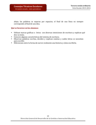 
	
  
	
  
	
  
	
  
	
  
	
  

Consejos	
  Técnicos	
  Escolares	
  
En	
  nuestra	
  escuela…	
  todos	
  aprendemos	
  

Tercera	
  sesión	
  ordinaria	
  
Ciclo	
  Escolar	
  2013-­‐2014	
  

abajo;	
   las	
   palabras	
   se	
   separan	
   por	
   espacios;	
   el	
   final	
   de	
   una	
   línea	
   no	
   siempre	
  
corresponde	
  al	
  final	
  de	
  una	
  idea.	
  

	
  
Qué	
  se	
  favorece	
  en	
  los	
  alumnos:	
  
	
  
• Utilizan	
  marcas	
  gráficas	
  o	
  	
  letras	
  	
  con	
  diversas	
  intenciones	
  de	
  escritura	
  y	
  explican	
  qué	
  
dice	
  su	
  texto.	
  
• Conocen	
  algunas	
  características	
  del	
  sistema	
  de	
  escritura.	
  
• Observan	
   palabras	
   escritas,	
   deciden	
   y	
   explican	
   cuántas	
   y	
   cuáles	
   letras	
   se	
   necesitan	
  
para	
  escribir.	
  
• Diferencian	
  entre	
  la	
  forma	
  de	
  narrar	
  oralmente	
  una	
  historia	
  y	
  cómo	
  escribirla.	
  
	
  
	
  
	
  
	
  
	
  
	
  
	
  
	
  
	
  
	
  
	
  
	
  
	
  
	
  
	
  
	
  
	
  
	
  
	
  
	
  
	
  
	
  
	
  
	
  
	
  
	
  
	
  
	
  
	
  
	
  
	
  
	
  
	
  
	
  
23	
  
Dirección	
  General	
  de	
  Desarrollo	
  de	
  la	
  Gestión	
  e	
  Innovación	
  Educativa	
  

 