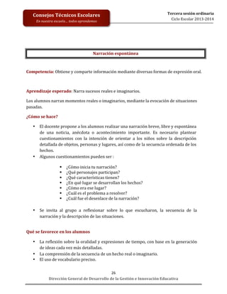  
	
  
	
  
	
  
	
  
	
  
	
  

Consejos	
  Técnicos	
  Escolares	
  
En	
  nuestra	
  escuela…	
  todos	
  aprendemos	
  

Tercera	
  sesión	
  ordinaria	
  
Ciclo	
  Escolar	
  2013-­‐2014	
  

Narración	
  espontánea	
  
	
  
Competencia:	
  Obtiene	
  y	
  comparte	
  información	
  mediante	
  diversas	
  formas	
  de	
  expresión	
  oral.	
  
	
  
Aprendizaje	
  esperado:	
  Narra	
  sucesos	
  reales	
  e	
  imaginarios.	
  
Los	
  alumnos	
  narran	
  momentos	
  reales	
  o	
  imaginarios,	
  mediante	
  la	
  evocación	
  de	
  situaciones	
  
pasadas.	
  
	
  
¿Cómo	
  se	
  hace?	
  
	
  
• El	
  docente	
  propone	
  a	
  los	
  alumnos	
  realizar	
  una	
  narración	
  breve,	
  libre	
  y	
  espontánea	
  
de	
   una	
   noticia,	
   anécdota	
   o	
   acontecimiento	
   importante.	
   Es	
   necesario	
   plantear	
  
cuestionamientos	
   con	
   la	
   intención	
   de	
   orientar	
   a	
   los	
   niños	
   sobre	
   la	
   descripción	
  
detallada	
   de	
   objetos,	
   personas	
   y	
   lugares,	
   así	
   como	
   de	
   la	
   secuencia	
   ordenada	
   de	
   los	
  
hechos.	
  
• Algunos	
  cuestionamientos	
  pueden	
  ser	
  :	
  
	
  
 ¿Cómo	
  inicia	
  tu	
  narración?	
  
 ¿Qué	
  personajes	
  participan?	
  
 ¿Qué	
  características	
  tienen?	
  
 ¿En	
  qué	
  lugar	
  se	
  desarrollan	
  los	
  hechos?	
  
 ¿Cómo	
  era	
  ese	
  lugar?	
  
 ¿Cuál	
  es	
  el	
  problema	
  a	
  resolver?	
  
 ¿Cuál	
  fue	
  el	
  desenlace	
  de	
  la	
  narración?	
  
	
  
	
  
• Se	
   invita	
   al	
   grupo	
   a	
   reflexionar	
   sobre	
   lo	
   que	
   escucharon,	
   la	
   secuencia	
   de	
   la	
  
narración	
  y	
  la	
  descripción	
  de	
  las	
  situaciones.	
  
	
  
	
  
	
  
Qué	
  se	
  favorece	
  en	
  los	
  alumnos	
  
	
  
• La	
  reflexión	
  sobre	
  la	
  oralidad	
  y	
  expresiones	
  de	
  tiempo,	
  con	
  base	
  en	
  la	
  generación	
  
de	
  ideas	
  cada	
  vez	
  más	
  detalladas.	
  
• La	
  comprensión	
  de	
  la	
  secuencia	
  de	
  un	
  hecho	
  real	
  o	
  imaginario.	
  
• El	
  uso	
  de	
  vocabulario	
  preciso.	
  
	
  
26	
  
Dirección	
  General	
  de	
  Desarrollo	
  de	
  la	
  Gestión	
  e	
  Innovación	
  Educativa	
  

 
