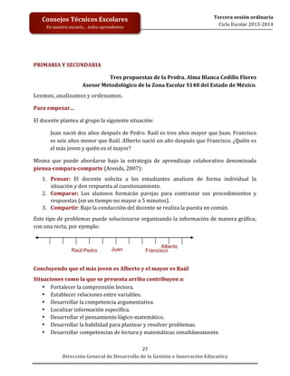  
	
  
	
  
	
  
	
  
	
  
	
  

Tercera	
  sesión	
  ordinaria	
  
Ciclo	
  Escolar	
  2013-­‐2014	
  

Consejos	
  Técnicos	
  Escolares	
  
En	
  nuestra	
  escuela…	
  todos	
  aprendemos	
  

PRIMARIA	
  Y	
  SECUNDARIA
Tres	
  propuestas	
  de	
  la	
  Profra.	
  Alma	
  Blanca	
  Cedillo	
  Flores	
  
Asesor	
  Metodológico	
  de	
  la	
  Zona	
  Escolar	
  S148	
  del	
  Estado	
  de	
  México.	
  
Leemos,	
  analizamos	
  y	
  ordenamos.	
  
Para	
  empezar…	
  
El	
  docente	
  plantea	
  al	
  grupo	
  la	
  siguiente	
  situación:	
  
Juan	
  nació	
  dos	
  años	
  después	
  de	
  Pedro.	
  Raúl	
  es	
  tres	
  años	
  mayor	
  que	
  Juan.	
  Francisco	
  
es	
   seis	
   años	
   menor	
   que	
   Raúl.	
   Alberto	
   nació	
   un	
   año	
   después	
   que	
   Francisco.	
   ¿Quién	
   es	
  
el	
  más	
  joven	
  y	
  quién	
  es	
  el	
  mayor?	
  
Misma	
   que	
   puede	
   abordarse	
   bajo	
   la	
   estrategia	
   de	
   aprendizaje	
   colaborativo	
   denominada	
  
piensa-­‐compara-­‐comparte	
  (Arends,	
  2007):	
  
1. Pensar:	
   El	
   docente	
   solicita	
   a	
   los	
   estudiantes	
   analicen	
   de	
   forma	
   individual	
   la	
  
situación	
  y	
  den	
  respuesta	
  al	
  cuestionamiento.	
  
2. Comparar:	
   Los	
   alumnos	
   formarán	
   parejas	
   para	
   contrastar	
   sus	
   procedimientos	
   y	
  
respuestas	
  (en	
  un	
  tiempo	
  no	
  mayor	
  a	
  5	
  minutos).	
  
3. Compartir:	
  Bajo	
  la	
  conducción	
  del	
  docente	
  se	
  realiza	
  la	
  puesta	
  en	
  común.	
  
Este	
  tipo	
  de	
  problemas	
  puede	
  solucionarse	
  organizando	
  la	
  información	
  de	
  manera	
  gráfica;	
  
con	
  una	
  recta,	
  por	
  ejemplo:	
  

Raúl Pedro

Juan

Alberto
Francisco

	
  
Concluyendo	
  que	
  el	
  más	
  joven	
  es	
  Alberto	
  y	
  el	
  mayor	
  es	
  Raúl	
  
Situaciones	
  como	
  la	
  que	
  se	
  presenta	
  arriba	
  contribuyen	
  a:	
  
• Fortalecer	
  la	
  comprensión	
  lectora.	
  
• Establecer	
  relaciones	
  entre	
  variables.	
  
• Desarrollar	
  la	
  competencia	
  argumentativa.	
  
• Localizar	
  información	
  específica.	
  
• Desarrollar	
  el	
  pensamiento	
  lógico-­‐matemático.	
  
• Desarrollar	
  la	
  habilidad	
  para	
  plantear	
  y	
  resolver	
  problemas.	
  
• Desarrollar	
  competencias	
  de	
  lectura	
  y	
  matemáticas	
  simultáneamente.	
  
27	
  
Dirección	
  General	
  de	
  Desarrollo	
  de	
  la	
  Gestión	
  e	
  Innovación	
  Educativa	
  

 