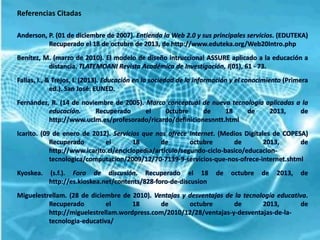 Referencias Citadas
Anderson, P. (01 de diciembre de 2007). Entienda la Web 2.0 y sus principales servicios. (EDUTEKA)
Recuperado el 18 de octubre de 2013, de http://www.eduteka.org/Web20Intro.php
Benítez, M. (marzo de 2010). El modelo de diseño intruccional ASSURE aplicado a la educación a
distancia. TLATEMOANI Revista Académica de Investigación, I(01), 61 - 73.

Fallas, I., & Trejos, I. (2013). Educación en la sociedad de la información y el conocimiento (Primera
ed.). San José: EUNED.
Fernández, R. (14 de noviembre de 2005). Marco conceptual de nueva tecnología aplicadas a la
educación.
Recuperado
el
0ctubre
de
18
de
2013,
de
http://www.uclm.es/profesorado/ricardo/definicionesnntt.html

Icarito. (09 de enero de 2012). Servicios que nos ofrece Internet. (Medios Digitales de COPESA)
Recuperado
el
18
de
octubre
de
2013,
de
http://www.icarito.cl/enciclopedia/articulo/segundo-ciclo-basico/educaciontecnologica/computacion/2009/12/70-7139-9-servicios-que-nos-ofrece-internet.shtml
Kyoskea.

(s.f.). Foro de discusión. Recuperado el 18
http://es.kioskea.net/contents/828-foro-de-discusion

de

octubre

de

2013,

de

Miguelestrellam. (28 de diciembre de 2010). Ventajas y desventajas de la tecnología educativa.
Recuperado
el
18
de
octubre
de
2013,
de
http://miguelestrellam.wordpress.com/2010/12/28/ventajas-y-desventajas-de-latecnologia-educativa/

 