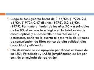 Luego se consiguieron fibras de 7 dB/Km. (1972), 2.5 dB/Km. (1973), 0.47 dB/Km. (1976), 0.2 dB/Km. (1979). Por tanto a finales de los años 70 y a principios de los 80, el avance tecnológico en la fabricación de cables ópticos y el desarrollo de fuentes de luz y detectores, abrieron la puerta al desarrollo de sistemas de comunicación de fibra óptica de alta calidad, alta capacidad y eficiencia Este desarrollo se vio apoyado por diodos emisores de luz LEDs, Fotodiodos y LASER (amplificación de luz por emisión estimulada de radiación). 