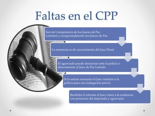 Faltas en el CPP
Son de Competencia de los Jueces de Paz
Letrados y excepcionalmente los Jueces de Paz
La sentencia es de conocimiento del Juez Penal
El agraviado puede denunciar ante la policía o
directamente al Juez de Paz Letrado
Si lo estima necesario el Juez remitirá a la
policía para una indagación previa
Recibido el informe el Juez citara a la audiencia
con presencia del imputado y agraviado.
 