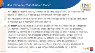 Una forma de crear el marco teórico
1. Resaltar: al hacer la lectura, se resaltan las citas, los párrafos, las ideas de cada
teoría, las gráficas o modelos que alimentaran le marco teórico.
2. Sistematizar: en una matriz en Excel o en Word dispone las principales citas, ideas
o modelos que alimentaran el marco teórico
3. Redactar: basado en las ideas que se disponen en la matriz creada, se redacta de
una forma coherente, secuencial, ordenada y aplicando normas de ortografía,
gramática y normas de presentación. Deben incluirse las citas más representativas,
los autores que más han trabajado el tema. Se trata de crear el “cuento” o la
“narrativa” que dé cuenta de cómo está el tema tratado y que avances se han
tenido. Se trata de contar lo más cercano al tema, pero de autores muy
representativos y estudios serios y científicos. Importante que se dispongan los
principales avances y teorías y que tengan relación directa con el tema.
 