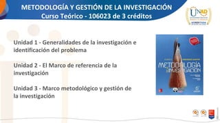 Unidad 1 - Generalidades de la investigación e
identificación del problema
Unidad 2 - El Marco de referencia de la
investigación
Unidad 3 - Marco metodológico y gestión de
la investigación
METODOLOGÍA Y GESTIÓN DE LA INVESTIGACIÓN
Curso Teórico - 106023 de 3 créditos
 