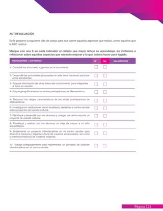 Página 131
1- Consulté los sitios web sugeridos en el documento
2- Desarrollé las actividades propuestas en este tema haciendo partícipe
a mis estudiantes.
3- Busqué información de otras áreas del conocimiento para integrarlas
al tema en estudio.
4-Ubiqué geográficamente las etnias prehispánicas de Mesoamérica.
5- Reconocí los rasgos característicos de las etnias prehispánicas de
Mesoamérica.
6- Investigué en instituciones de mi localidad y aledañas al centro escolar
sobre proyectos de rescate cultural.
7- Planifiqué y desarrollé con mis alumnos y colegas del centro escolar un
proyecto de rescate cultural.
8- Planifiqué y realicé con mis alumnos un viaje de campo a un sitio
arqueológico.
9- Implementé un proyecto interdisciplinar en mi centro escolar para
difundir la herencia y legado cultural de nuestros antepasados, así como
la memoria histórica de nuestros orígenes.
	
10- Trabajé colegiadamente para implementar un proyecto de carácter
interdisciplinar en mi centro escolar.
INDICADORES / CRITERIOS Si No VALORACION
AUTOEVALUACIÓN
Se le propone la siguiente lista de cotejo para que valore aquellos aspectos que realizó, como aquellos que
le faltó realizar.
Marque con una X en cada indicador el criterio que mejor refleje su aprendizaje. Le invitamos a
reflexionar sobre aquellos aspectos que necesita mejorar y lo que deberá hacer para logarlo.
 