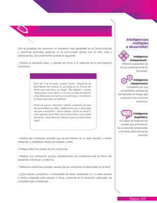 Página 155
Inteligencias
múltiples
a desarrollar:
Inteligencia
intrapersonal :
Valora la capacidad de
actuar positivamente en
Sociedad.
Inteligencia
interpersonal:
Comparte con sus
compañeros análisis de
los factores de riesgo que
propician una conducta
antisocial.
Con el propósito de promover un ambiente más agradable en el Centro Escolar
y promover actitudes positivas en la comunidad donde vive el niño, niña y
adolescentes, es fundamental analizar lo siguiente:
• Analice el siguiente caso, y valórelo en torno a la urgencia de la participación
ciudadana:
• Analice las conductas sociales que se promueven en tu sede escolar o centro
integrado, y establece rangos de edades y sexo.
• Indaga sobre las causas de las conductas.
• Realiza una evaluación grupal, estableciendo las consecuencias en favor del
desarrollo individual y colectivo.
• Reflexione sobre las posibles causas de las conductas evidenciadas en el texto.
• ¿Qué planes, proyectos o actividades se están realizando en tu sede escolar
o centro integrado para apoyar a niños y jóvenes en el desarrollo adecuado de
competencias ciudadanas.
Eran las 3 de la tarde, cuando Carlos, estudiante de
Bachillerato del Instituto X, se dirigía por la Troncal del
Norte para retornar a su hogar. “De repente”, cuenta,
“aparecieron cinco tipos, y con una cuchilla me querían
robar. Me pusieron el arma en el estómago y me robaron
el dinero que traía y la billetera”.
Antes de que los “ladrones” salieran corriendo, el joven
fue amenazado por ellos, “gritándome que si decía algo
me iban a acuchillar”. Tras el ataque, Carlos se dirigió a
unos agentes de la PNC que los encontré a una cuadra
del hecho, “pero ellos me indicaron que no podían hacer
nada”.
Inteligencia
lingüística:
Es capaz de exponer las
causas que promueven
las conductas antisociales
y fomenta alternativas de
solución
 