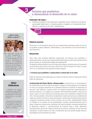 Página 180
Indicador de logro :
•	 Analiza los factores en las relaciones existentes de los miembros de la familia
que pueden determinar un impacto positivo o negativo en el desarrollo físico,
afectivo y cognitivo en la niñez y adolescencia.
¿Qué más
debo saber?
Saberes previos
El desarrollo integral de
la niñez, adolescencia y
juventud no es exclusi-
va responsabilidad de la
familia o responsable. El
gobierno es igualmente
responsable de brindar los
recursos, oportunidades y
herramientas para un de-
sarrollo equitativo y justo.
(Cfr. PNUD Es, 2009)
- Utilización de cuadros
comparativos para identifi-
car las problemáticas que
se evidencian en la niñez y
adolescencia y sus reper-
cusiones.
- Elaboración de proyectos
que propongan soluciones
a problemas sociales to-
mando en cuenta la parti-
cipación ciudadana.
Ideas
Didácticas
Factores que posibilitan
u obstaculizan el desarrollo de la niñez
3
Promueva un conversatorio acerca de sus expericencias familiares sobre lo que los
ha ayudado a seguir adelante y desarrollarse, y qué limitantes se hna encontrado en
esa trayectoria.
Desarrollo
Para tratar esta temática debemos comprender los factores que posibilitan u
obstaculizan (por su ausencia o modos de dificultad); luego visualizar las consecuencias
de los mismos en el desarrollo integral del adolescente.
Al hablar de obstaculización es una consecuencia lógica y evidente que por la ausencia
de los factores que vamos a enunciar, cada niño o niña es frenado, en mayor o menor
nivel, en su desarrollo como persona humana integral.
1. Factores que posibilitan u obstaculizan el desarrollo en la niñez
Entre los factores más destacados por todos los teóricos sobre el desarrollo infantil
están los siguientes:
a) Afectividad del Padre, Madre o Responsable: La familia tiene un rol protagónico
en el desarrollo durante la infancia temprana. Desde la misma gestación, el ambiente
en torno a la guagua (ambiente de la placenta) influirá en favorecer el desarrollo de
ese hijo o hija, siempre y cuando cuente con ciertas condiciones, especialmente en
términos afectivos. Los padres son quienes intencionalmente podrán cuidar que el
hogar cuente con las condiciones necesarias para que el desarrollo integral de ese
niño o niña sea posible. Para ello es fundamental: cuidar la armonía en el ambiente del
hogar que propicie confianza, salud psicológica y estructuras sociales de democracia
y respeto a la persona humana; formar vínculos con los niños , dedicándoles Tiempo
de Calidad en la medida de las posibilidades; recordar permanentemente que el
juego y todas las interacciones cotidianas son oportunidades concretas de potenciar
el desarrollo cognitivo y socioemocional de nuestros hijos e hijas; reflexionar
periódicamente acerca de nuestras prácticas de crianza, evaluando si hay forma de
mejorarlas. El plano afectivo es vital y fundamento para las demás etapas físicas y
psicológicas que enfrentarán los niños.
 