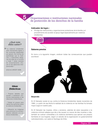 Página 191
Indicador de logro :
•	 Divulga las instituciones y organizaciones protectoras de la familia y el
procedimiento de acceder al apoyo legal especialmente por violencia
intrafamiliar.
¿Qué más
debo saber?
Saberes previos“La violencia intrafamiliar
está íntimamente ligada a
las conductas designadas
por género. Son formas de
aprendizaje que la tradi-
ción y costumbres desig-
nan los roles de un hombre
y mujer. Y estas maneras
de comportamiento influ-
yen en las relaciones inter-
personales “
(Informe UNICEF 2008)
• Propicia debates que
ayuden a esclarecer con-
ductas inapropiadas en las
relaciones intrafamiliares.
• Trabajo en grupos para
valorar las opiniones sobre
la violencia intrafamiliar.
• Utilización de imágenes
para promover la concien-
tización referente a la vio-
lencia intrafamiliar.
Ideas
Didácticas
Organizaciones e instituciones nacionales
de protección de los derechos de la familia
5
En torno a la siguiente imagen, analicen todas las consecuencias que pueden
acontecer:
Desarrollo
En El Salvador existe la Ley contra la Violencia Intrafamiliar desde noviembre de
1996, y a partir de esa fecha la realidad de la violencia en las familias ha tomado
mayor auge en nuestro país.
En El Salvador las mujeres, niños y ancianos, además de estar expuestos a la
violencia criminal callejera que día a día causan no menos de diez muertes o más,
también se vuelven vulnerables a la violencia doméstica que ejercen sus propios
familiares en sus hogares, según un estudio de la organización no gubernamental
Latinobarómetro, con sede en Santiago de Chile.
 