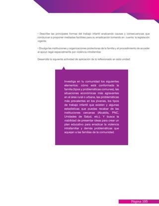 Página 195
• Describe las principales formas del trabajo infantil analizando causas y consecuencias que
conduzcan a proponer mediadas factibles para su erradicación tomando en cuenta la legislación
vigente.
• Divulga las instituciones y organizaciones protectoras de la familia y el procedimiento de acceder
al apoyo legal especialmente por violencia intrafamiliar.
Desarrolla la siguiente actividad de aplicación de lo reflexionado en esta unidad:
Investiga en tu comunidad los siguientes
elementos: cómo está conformada la
familia (tipos y problemáticas comunes), las
situaciones económicas más agravantes
en el área rural o urbana, las problemáticas
más prevalentes en los jóvenes, los tipos
de trabajo infantil que existen y algunas
estadísticas que puedas recabar de las
instituciones cercanas (Alcaldía, PNC,
Unidades de Salud, etc.). Y busca la
viabilidad de presentar ideas para crear un
plan educativo para erradicar la violencia
intrafamiliar y demás problemáticas que
aquejan a las familias de la comunidad.
 
