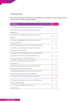 Página 208
01. Expliqué el desarrollo histórico de los derechos humanos,
comprendiendo su importancia para garantizar una vida
democrática.
02. Identifiqué los principales problemas de la niñez en El
Salvador.
03. Analicé la aplicabilidad de las leyes que protegen a la
niñez en El Salvador.
04. Comprendí el alto índice de niños y niñas violentados en
sus derechos y la necesidad de contribuir personalmente
a minimizar esta problemática.
05. Valoré y apliqué las propuestas didácticas sugeridas para
concientizar a mis estudiantes sobre la importancia de
conocer los derechos y practicar los deberes.
06. Analicé el estado actual de la democracia en
Centroamérica.
07. Expliqué los diferentes principios democráticos y los
obstáculos para que estos se desarrollen.
08. Identifiqué los desafíos para América Latina pese a los
procesos de democratización en diversos países.
09. Consulté los sitios web sugeridos en el documento.
10. Participé responsablemente en las actividades grupales,
dando aportes de calidad.
11. Leí comprensivamente los textos que se me
proporcionaron.
CRITERIOS Si No
AUTOEVALUACION
Indicación: Con base a su experiencia y desempeño en el desarrollo de esta unidad, marque
con una “X” en la casilla correspondiente.
 