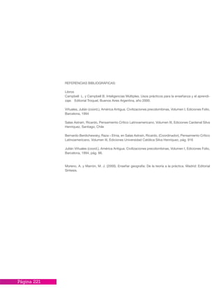 Página 221
REFERENCIAS BIBLIOGRÁFICAS:
Libros
Campbell L. y Campbell B. Inteligencias Múltiples. Usos prácticos para la enseñanza y el aprendi-
zaje. Editorial Troquel, Buenos Aires Argentina, año 2000.
Viñuales, Julián (coord.), América Antigua. Civilizaciones precolombinas, Volumen I, Ediciones Folio,
Barcelona, 1994
Salas Astraín, Ricardo, Pensamiento Crítico Latinoamericano, Volumen III, Ediciones Cardenal Silva
Henríquez, Santiago, Chile
Bernardo Berdichewsky, Raza – Etnia, en Salas Astraín, Ricardo, (Coordinador), Pensamiento Crítico
Latinoamericano, Volumen III, Ediciones Universidad Católica Silva Henríquez, pág. 916
Julián Viñuales (coord.), América Antigua. Civilizaciones precolombinas, Volumen I, Ediciones Folio,
Barcelona, 1994, pág. 88.
Moreno, A. y Marrón, M. J. (2000). Enseñar geografía: De la teoría a la práctica. Madrid: Editorial
Síntesis.
 