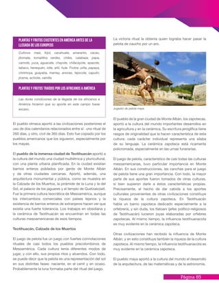 Página 85
El pueblo olmeca aportó a las civilizaciones posteriores el
uso de dos calendarios relacionados entre sí: uno ritual de
260 días, y otro, civil de 365 días. Esto fue copiado por los
pueblos americanos que los siguieron, especialmente por
los mayas.
El pueblo de la inmensa ciudad de Teotihuacán aportó a
la cultura del mundo una ciudad multiétnica y pluricultural,
con una planta urbana planificada. En la ciudad existían
barrios enteros poblados por gente de Monte Albán
y de otras ciudades cercanas. Aportó, además, una
arquitectura monumental y pública, como se muestra en
la Calzada de los Muertos, la pirámide de la Luna y la del
Sol, el palacio de los jaguares y el templo de Quetzalcóatl.
Fue la primera cultura teocrática de Mesoamérica, aunque
los intercambios comerciales con países lejanos y la
existencia de barrios enteros de extranjeros hacen ver que
existía una fuerte tolerancia. Los trabajos en obsidiana y
la cerámica de Teotihuacán se encuentran en todas las
culturas mesoamericanas de esos tiempos.
Teotihuacán, Calzada de los Muertos
El juego de pelota fue un juego con fuertes connotaciones
rituales de casi todos los pueblos precolombinos de
Mesoamérica. Cada cultura tenía diferentes modos de
jugar, y con ello, sus propios ritos y atuendos. Con todo,
se puede decir que la pelota es una representación del sol
en sus distintas fases: naciente, en el cenit y en ocaso.
Probablemente la luna formaba parte del ritual del juego.
La victoria ritual la obtenía quien lograba hacer pasar la
pelota de caucho por un aro.
El pueblo de la gran ciudad de Monte Albán, los zapotecas,
aportó a la cultura del mundo importantes desarrollos en
la agricultura y en la cerámica. Su escritura jeroglífica tiene
rasgos de originalidad que la hacen característica de esta
cultura: cada carácter individual representa una sílaba
de su lenguaje. La cerámica zapoteca está ricamente
policromada, especialmente en las urnas funerarias.
El juego de pelota, característico de casi todas las culturas
mesoamericanas, tuvo particular importancia en Monte
Albán. En sus construcciones, las canchas para el juego
de pelota tiene una gran importancia. Con todo, la mayor
parte de sus aportes fueron tomados de otras culturas,
si bien supieron darle a éstos características propias.
Precisamente, el hecho de dar cabida a los aportes
culturales provenientes de otras civilizaciones constituye
la riqueza de la cultura zapoteca. En Teotihuacán
había un barrio zapoteca dedicado especialmente a la
orfebrería, y sin duda, los tlatoani (jefes político-religiosos
de Teotihuacán) lucieron joyas elaboradas por orfebres
zapotecas. Al mismo tiempo, la influencia teotihuanacota
es muy evidente en la cerámica zapoteca.
Otras civilizaciones han recibido la influencia de Monte
Albán, y en esto constituye también la riqueza de la cultura
zapoteca. Al mismo tiempo, la influencia teotihuanacota es
muy evidente en la cerámica zapoteca.
El pueblo maya aportó a la cultura del mundo el desarrollo
de la arquitectura, de las matemáticas y de la astronomía.
Jugador de pelota maya
Cultivos: maíz, frijol, cacahuate, amaranto, cacao,
jitomate, tomatillos verdes, chiles, calabaza, papa,
camote, yuca, aguacate, chayote, chilacayote, epazote,
tabaco, henequén, ixtle, añil, hule. Frutos: piña, papaya,
chirimoya, guayaba, mamey, anonas, tejocote, capulín,
jícama, achiote, vainilla.
Plantas y frutos existentes en América antes de la
llegada de los europeos
Las duras condiciones de la llegada de los africanos a
América hicieron que su aporte en este campo fuese
escaso.
Plantas y frutos traídos por los africanos a América
 