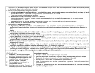 manipulativo, una pequeña propuesta para realizar en clase , donde se trabajan conceptos propios de las ciencias experimentales, con el fin de comprender y asimilar
el significado de algunos fenómenos fácilmente observables.
• Por otro lado se sugiere considerar los siguientes procesos:
 Active la curiosidad y el interés del alumnado por el contenido del tema que se va a tratar o la tarea que se va a realizar utilizando estrategias del tipo de:
Presente información nueva, sorprendente e incongruente con los conocimientos previos del alumnado.
Plantee en el alumnado problemas que haya de resolver.
 Muestre la relevancia del contenido o de la tarea para el alumnado:
Relacione el contenido de la instrucción, mediante un uso del lenguaje y una selección de ejemplos familiares al alumnado, con sus experiencias, sus
conocimientos previos y sus valores.
Muestre la meta para la que puede ser relevante aprender lo que se presenta, como el contenido de la instrucción, a través de ejemplos.
 Oriente la atención del alumnado antes, durante y después de la tarea.
• Ponga en practica las siguientes sugerencias:
 Organizadores gráficos: Pida que elaboren cuadros sinópticos, mapas y redes conceptuales, así como representaciones visuales que comuniquen la
estructura lógica de la información; esto les servirá para resumir u organizar significados, realizar análisis, comparaciones y jerarquizaciones en cada uno de los
temas
tratados.
 Resolución de ejercicios: solicite, durante el desarrollo de la unidad que desarrollen, en pequeños grupos, los ejercicios planteados, lo que les permitirá
ir perfeccionando su estrategia para la resolución de ejercicios.
 Resolución de problemas: indique al alumnado que identifiquen alguna problemática del entorno relacionada con los contenidos de la unidad y que planifiquen un
conjunto de estrategias que permitan la solución de dicha problemática.
 Discusión guiada: desarrolle intercambios y discusiones con el alumnado, con el fin de activar sus conocimientos previos. Así podrán desarrollar y compartir,
con sus compañeros y compañeras, la información que poseen.
 Conferencia: plantee introductoriamente la temática y sensibilice al alumnado al respecto. Plantee los conflictos cognitivos al alumnado generando de este modo
los desequilibrios cognitivos.
 Trabajo de investigación: pida que realicen un trabajo de investigación, que podrá estar basado en diferentes técnicas de investigación, incluyendo la
investigación bibliográfica. El resultado de este trabajo será sustentado frente a sus compañeros y compañeras.
 Proyecto experimental: explique que el experimento es la actividad por excelencia de las Ciencias Naturales, ya que contribuye integralmente al desarrollo de las
competencias propias de la asignatura. Presente la unidad, modele la elaboración de un proyecto experimental siguiendo las etapas de la metodología de la
investigación y que luego sea el alumnado, organizado en equipos de trabajo, quien elabora su proyecto.
Indicadores de logro:
2.1 Experimenta y describe correctamente las
propiedades físicas cuantificables de la materia.
2.2 Explica adecuadamente las diferencias de las
magnitudes físicas fundamentales y las
derivadas, escalares y vectoriales.
2.3 Representa y describe correctamente los
componentes de un vector.
2.4 Identifica y explica con claridad el concepto de
magnitud y cantidad física, medición, medida y
Actividades de evaluación:
• Describir la evolución de los principales conceptos de la unidad.
• Relacionar los principales conceptos de la unidad para explicar científicamente los fenómenos naturales.
• Comparar los elementos característicos de los fenómenos estudiados en la unidad.
• Analizar y valorar el impacto de la actividad humana en el medio ambiente.
• Utilizar el método científico para identificar problemas físicos presentes en el entorno inmediato y buscar
posibles soluciones.
• Comunicar con lenguaje científico, al pleno, el problema identificado y el plan de acción que contenga las
respectivas estrategias de solución.
 