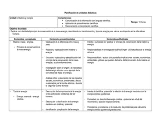 Planificación de unidades didácticas
Unidad 3. Materia y energía Competencias:
• Comunicación de la información con lenguaje científico.
• Aplicación de procedimientos científicos.
• Razonamiento e interpretación científica.
Tiempo: 10 horas
Objetivo de unidad:
 Explicar con claridad el principio de conservación de la masa-energía, describiendo su transformación y tipos de energía para valorar sus impactos en la vida del ser
humano.
Contenidos conceptuales Contenidos procedimentales Contenidos actitudinales
− Materia: masa y energía.
- Principio de conservación de
la masa-energía.
− Explicación de la diferencia entre masa y
peso.
− Relación y explicación entre materia y
energía.
− Discusión, explicación y ejemplificación del
principio de la conservación de la masa-
energía y sus transformaciones.
− Investigación sobre el origen y la naturaleza
de la energía atómica como ejemplo de la
conversión de masa en energía.
− Análisis crítico y descripción de los impactos
sociales, económicos, ambientales y éticos
ocasionados por la bomba atómica, durante
la Segunda Guerra Mundial.
− Interés y curiosidad por explicar el principio de conservación de la materia y
energía.
− Responsabilidad en investigación sobre el origen y la naturaleza de la energía
atómica.
− Responsabilidad y actitud crítica ante las implicaciones sociales, económicas,
ambientales y éticas que pueden derivarse de la conversión de la materia en
energía.
− Tipos de energía.
- Energía potencial y energía
cinética.
− Descripción de la importancia de la energía
en las actividades cotidianas del ser
humano.
− Descripción y clasificación de la energía
mecánica en cinética y potencial.
− Identificación y explicación de la energía
− Interés al identificar y describir la relación de la energía mecánica con la
energía cinética y potencial.
− Curiosidad por describir la energía cinética y potencial en virtud del
movimiento y posición respectivamente.
− Persistencia y constancia en la resolución de problemas para calcular la
energía cinética y potencial gravitacional.
 