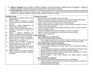  Trabajo de investigación: pida que realicen un trabajo de investigación, que podrá estar basado en diferentes técnicas de investigación, incluyendo la
investigación bibliográfica. El resultado de este trabajo será sustentado frente a sus compañeros y compañeras.
 Proyecto experimental: explique que el experimento es la actividad por excelencia de las Ciencias Naturales, ya que contribuye integralmente al desarrollo de
las competencias propias de la asignatura. Presente la unidad, modele la elaboración de un proyecto experimental siguiendo las etapas de la metodología de la
investigación y que luego sea el alumnado, organizado en equipos de trabajo, quien elabora su proyecto.
Indicadores de logro:
6.1 Indaga y explica con seguridad e interés el origen
de la teoría celular.
6.2 Identifica y describe correctamente a la célula
como la unidad funcional y estructural de todos los
seres vivos.
6.3 Representa y describe adecuadamente las
funciones vitales que realiza la célula.
6.4 Identifica y clasifica con certeza a las células en
eucarióticas y procarióticas de acuerdo a sus
características.
6.5 Identifica y representa creativamente las
funciones y los organelos de una célula eucariota.
6.6 Identifica y describe con interés las semejanzas y
diferencias entre una célula animal y una vegetal.
6.7 Formula preguntas y analiza críticamente la
naturaleza viva o no viva de los virus.
6.8 Identifica e ilustra con destreza y creatividad las
partes principales de un virus: la cápside y
molécula de ácido nucleico (ADN o ARN).
6.9 Identifica y describe con objetividad y claridad las
principales enfermedades virales en plantas,
animales y humanos.
6.10 Indaga y explica de forma objetiva los efectos,
medios de transmisión, prevención y tratamiento
del VIH-SIDA.
Actividades de evaluación:
• Describir la evolución de los principales conceptos de la unidad.
• Relacionar los principales conceptos de la unidad para explicar científicamente fenómenos naturales.
• Comparar los elementos característicos de los fenómenos estudiados en la unidad.
• Analizar y valorar el impacto de la actividad humana en la salud reproductiva.
• Utilizar el método científico para identificar problemas de salud reproductiva presentes en el entorno
inmediato y buscar posibles soluciones.
• Comunicar con lenguaje científico al pleno el problema identificado y el pan de acción que contenga las
• respectivas estrategias de solución.
• Comunicar con lenguaje científico al pleno los resultados de su trabajo de investigación.
• Sintetizar la información más relevante de la unidad a través de mapas conceptuales.
• Elaborar un proyecto experimental.
Criterios de evaluación:
• Sobre la adquisición de conceptos básicos.
- Con este criterio se pretende valorar si el alumnado:
 Posee un bagaje conceptual básico que le ayude a comprender e interpretar el medio que le rodea.
 Tiene capacidad para utilizar esos conocimientos en la explicación de fenómenos sencillos.
• Sobre el planteamiento y la resolución de problemas.
- Con este criterio se pretende valorar la capacidad del alumnado para:
 Formular problemas relacionados con el medio natural y la salud reproductiva, delimitarlos y
contextualizarlos.
 Formular hipótesis, llevar a la práctica una estrategia concreta de resolución o comprobar y criticar
algunas de las soluciones posibles para una situación que plantee un problema.
 Manifestar actitudes de curiosidad e interés por indagar cuestiones relacionadas con el medio y
los fenómenos asociados a la salud reproductiva.
 Elaborar estrategias y utilizar criterios adecuados para elaborar pequeños proyectos
experimentales.
• Sobre la expresión y la comprensión.
- Con este criterio se pretende valorar el progreso del alumnado en su capacidad para:
 Analizar críticamente la información recogida en diversas fuentes, distinguiendo lo relevante de lo
accesorio y los datos de las opiniones.
 Extraer información de gráficas y tablas.
 