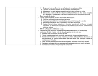  Comprender textos sencillos en los que se haga uso de conceptos aprendidos.
 Comunicar con claridad y precisión las conclusiones de una investigación.
 Saber elaborar una tabla de datos, extraer información de ella o construir una gráfica.
 Saber analizar un texto sencillo de divulgación científica, identificando las ideas básicas recogidas
en él, separando lo fundamental de lo accesorio, de acuerdo con sus conocimientos científicos.
• Sobre la noción de ciencia.
- Con este criterio se pretende valorar la capacidad del alumnado para:
 Relativizar modelos teóricos propuestos por la ciencia.
 Analizar y comparar diferentes respuestas dadas para una misma pregunta o actividad.
 Analizar las consecuencias de la actividad sexual en la salud reproductiva.
 Analizar críticamente el uso de alusiones o referencias supuestamente científicas en mensajes
publicitarios, en informaciones o programas de los medios de comunicación, conversaciones
cotidianas, etcétera.
• Sobre la participación y el trabajo en equipo.
- El aprendizaje de las ciencias no es una tarea individual dominada siempre por intervenciones
afortunadas. Con este criterio se pretende valorar la capacidad del alumnado para:
 Implicarse en la realización de las tareas de clase.
 Trabajar en equipo, escuchando, rebatiendo, argumentando, dividiendo el trabajo, etcétera.
 Considerar el resultado de un trabajo, más como una síntesis de las aportaciones de cada uno de
los componentes del grupo y de los debates que hayan tenido lugar que como la suma de
contribuciones individuales.
 Saber escuchar las ideas y propuestas de los compañeros, esperando su turno para intervenir.
 Participar en actividades de grupo para realizar actividades que requieran un reparto del trabajo.
 Asumir la responsabilidad en la parcela que le corresponda.
 