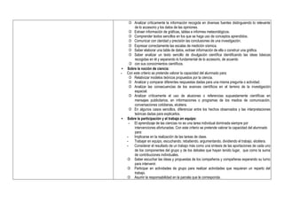  Analizar críticamente la información recogida en diversas fuentes distinguiendo lo relevante
de lo accesorio y los datos de las opiniones.
 Extraer información de gráficas, tablas e informes meteorológicos.
 Comprender textos sencillos en los que se haga uso de conceptos aprendidos.
 Comunicar con claridad y precisión las conclusiones de una investigación.
 Expresar correctamente las escalas de medición sísmica.
 Saber elaborar una tabla de datos, extraer información de ella o construir una gráfica.
 Saber analizar un texto sencillo de divulgación científica identificando las ideas básicas
recogidas en él y separando lo fundamental de lo accesorio, de acuerdo
 con sus conocimientos científicos.
• Sobre la noción de ciencia:
- Con este criterio se pretende valorar la capacidad del alumnado para:
 Relativizar modelos teóricos propuestos por la ciencia.
 Analizar y comparar diferentes respuestas dadas para una misma pregunta o actividad.
 Analizar las consecuencias de los avances científicos en el terreno de la investigación
espacial.
 Analizar críticamente el uso de alusiones o referencias supuestamente científicas en
mensajes publicitarios, en informaciones o programas de los medios de comunicación,
conversaciones cotidianas, etcétera.
 En algunos casos sencillos, diferenciar entre los hechos observados y las interpretaciones
teóricas dadas para explicarlos.
• Sobre la participación y el trabajo en equipo:
- El aprendizaje de las ciencias no es una tarea individual dominada siempre por
intervenciones afortunadas. Con este criterio se pretende valorar la capacidad del alumnado
para:
- Implicarse en la realización de las tareas de clase.
- Trabajar en equipo, escuchando, rebatiendo, argumentando, dividiendo el trabajo, etcétera.
- Considerar el resultado de un trabajo más como una síntesis de las aportaciones de cada uno
de los componentes del grupo y de los debates que hayan tenido lugar, que como la suma
de contribuciones individuales.
 Saber escuchar las ideas y propuestas de los compañeros y compañeras esperando su turno
para intervenir.
 Participar en actividades de grupo para realizar actividades que requieran un reparto del
trabajo.
 Asumir la responsabilidad en la parcela que le corresponda.
 