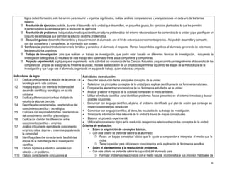 6
lógica de la información; esto les servirá para resumir u organizar significados, realizar análisis, comparaciones y jerarquizaciones en cada uno de los temas
tratados.
 Resolución de ejercicios: solicite, durante el desarrollo de la unidad que desarrollen, en pequeños grupos, los ejercicios planteados, lo que les permitirá
ir perfeccionando su estrategia para la resolución de ejercicios.
 Resolución de problemas: indique al alumnado que identifiquen alguna problemática del entorno relacionada con los contenidos de la unidad y que planifiquen un
conjunto de estrategias que permitan la solución de dicha problemática.
 Discusión guiada: desarrolle intercambios y discusiones con el alumnado, con el fin de activar sus conocimientos previos. Así podrán desarrollar y compartir,
con sus compañeros y compañeras, la información que poseen.
 Conferencia: plantee introductoriamente la temática y sensibilice al alumnado al respecto. Plantee los conflictos cognitivos al alumnado generando de este modo
los desequilibrios cognitivos.
 Trabajo de investigación: pida que realicen un trabajo de investigación, que podrá estar basado en diferentes técnicas de investigación, incluyendo la
investigación bibliográfica. El resultado de este trabajo será sustentado frente a sus compañeros y compañeras.
 Proyecto experimental: explique que el experimento es la actividad por excelencia de las Ciencias Naturales, ya que contribuye integralmente al desarrollo de las
competencias propias de la asignatura. Presente la unidad, modele la elaboración de un proyecto experimental siguiendo las etapas de la metodología de la
investigación y que luego sea el alumnado, organizado en equipos de trabajo, quien elabora su proyecto.
Indicadores de logro:
1.1 Explica correctamente la relación de la ciencia y la
tecnología en la vida cotidiana.
1.2 Indaga y explica con interés la incidencia del
desarrollo científico y tecnológico en la vida
cotidiana.
1.3 Explica y diferencia con certeza el objeto de
estudio de algunas ciencias.
1.4 Describe adecuadamente las características del
conocimiento científico y tecnológico.
1.5 Compara con responsabilidad las características
del conocimiento científico y tecnológico.
1.6 Explica con claridad las diferencias entre
conocimiento científico y empírico.
1.7 Analiza críticamente ejemplos de conocimiento
empírico, mitos, dogmas y creencias populares de
la comunidad.
1.8 Identifica y describe correctamente las distintas
etapas de la metodología de la investigación
científica.
1.9 Elabora hipótesis e identifica variables con
relación a un problema.
1.10 Elabora correctamente conclusiones al
Actividades de evaluación:
• Describir la evolución de los principales conceptos de la unidad.
• Relacionar los principales conceptos de la unidad para explicar científicamente los fenómenos naturales.
• Comparar los elementos característicos de los fenómenos estudiados en la unidad.
• Analizar y valorar el impacto de la actividad humana en el medio ambiente.
• Utilizar el método científico para identificar problemas físicos presentes en el entorno inmediato y buscar
posibles soluciones.
• Comunicar con lenguaje científico, al pleno, el problema identificado y el plan de acción que contenga las
respectivas estrategias de solución.
• Comunicar con lenguaje científico, al pleno, los resultados de su trabajo de investigación.
• Sintetizar la información más relevante de la unidad a través de mapas conceptuales.
• Elaborar un proyecto experimental.
• Utilizar el razonamiento lógico en la resolución de ejercicios relacionados con los conceptos de la unidad.
Criterios de evaluación:
• Sobre la adquisición de conceptos básicos.
- Con este criterio se pretende valorar si el alumnado:
 Posee un bagaje conceptual básico que le ayude a comprender e interpretar el medio que le
rodea.
 Tiene capacidad para utilizar esos conocimientos en la explicación de fenómenos sencillos.
• Sobre el planteamiento y la resolución de problemas.
- Con este criterio se pretende valorar la capacidad del alumnado para:
 Formular problemas relacionados con el medio natural, incorporarlos a sus procesos habituales de
 