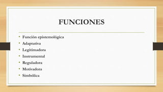FUNCIONES
• Función epistemológica
• Adaptativa
• Legitimadora
• Instrumental
• Reguladora
• Motivadora
• Simbólica
 