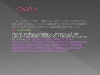 1. ¿En qué capítulo, artículo e ítems del Reglamento
de Aprendices, se debe amparar Nicolás para hacer
dicha solicitud de manera respetuosa y formal?
 Respuesta:
Nicolás se debe amparar en el numeral 8 del
articulo 7 del REGLAMENTO DEL APRENDIZ el cual nos
dice que ´´el aprendiz tiene derecho a ser
escuchado y atendido en sus peticiones respetuosas,
por parte de los directivos, Instructores y personal
administrativo, ante las dificultades que se puedan
presentar en su proceso de formación.´´
 