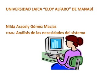 UNIVERSIDAD LAICA “ELOY ALFARO” DE MANABÍ NildaAracely Gómez Macías TEMA:  Análisis de las necesidades del sistema 
