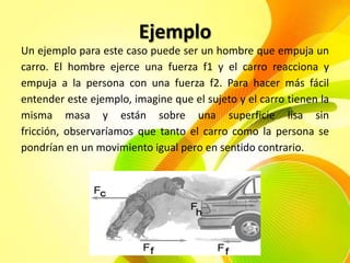 Ejemplo
Un ejemplo para este caso puede ser un hombre que empuja un
carro. El hombre ejerce una fuerza f1 y el carro reacciona y
empuja a la persona con una fuerza f2. Para hacer más fácil
entender este ejemplo, imagine que el sujeto y el carro tienen la
misma masa y están sobre una superficie lisa sin
fricción, observaríamos que tanto el carro como la persona se
pondrían en un movimiento igual pero en sentido contrario.

 