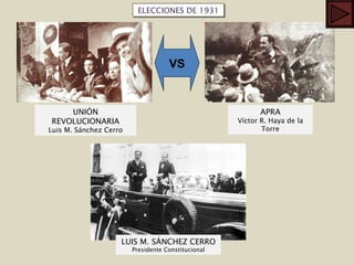 ELECCIONES DE 1931 VS UNIÓN REVOLUCIONARIA Luis M. Sánchez Cerro APRA Víctor R. Haya de la Torre LUIS M. SÁNCHEZ CERRO Presidente Constitucional 