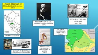 PRIMER GOBIERNO DE
MANUEL PRADO POLÍTICA -
OBRAS
SEGUNDA GUERRA
MUNDIAL
1939 - 1945
ALIANZA CON EE.UU.
Tolerancia al Partido Comunista
y al APRA
TUMBES - PASCO
RECLAMOS
ECUATORIANOS
Tumbes – Jaén -
Maynas
BATALLA DE ZARUMILLA
José Abelardo Quiñones (FAP)
PROTOCOLO DE
PAZ, AMISTAD Y
LÍMITES DE RÍO DE
JANEIRO
(1942)
 