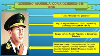 Lema: “Hechos y no palabras”
Surgen partidos Acción Popular y la Democracia
Cristiana
Política de constr. Grandes Unidades Escolares,
Institutos Técnicos, Escuelas Normales, Hospital
Edgardo Rebagliati, Estadio Nacional Ministro de
Educación trabajo y economía
Ley de Seguridad Interior: control de prensa y
partidos políticos(APRA y PCP)
 