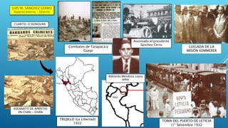 LUIS M. SÁNCHEZ CERRO
Aspecto Interno - Externo
TRUJILLO (La Libertad)
1932
CUARTEL O´DONOVAN
ASESINATO DE APRISTAS
EN CHAN - CHAN
LLEGADA DE LA
MISIÓN KEMMERER
TOMA DEL PUERTO DE LETICIA
(1° Setiembre 1932
Combates de Tarapacá y
Güepi
Abelardo Mendoza Leyva
APRA
Asesinado el presidente
Sánchez Cerro
 