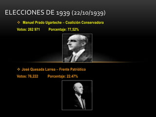  Manuel Prado Ugarteche – Coalición Conservadora
Votos: 262 971 Porcentaje: 77,52%
 José Quesada Larrea – Frente Patriótico
Votos: 76,222 Porcentaje: 22.47%
ELECCIONES DE 1939 (22/10/1939)
 