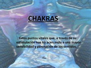 CHAKRASEstos puntos vitales que, a través de su estimulación nos irá acercando a una mayor sensibilidad y percepción de los sentidos.