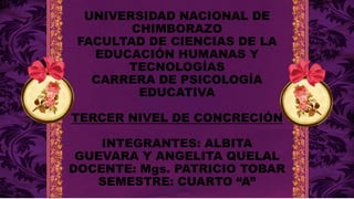 UNIVERSIDAD NACIONAL DE
CHIMBORAZO
FACULTAD DE CIENCIAS DE LA
EDUCACIÓN HUMANAS Y
TECNOLOGÍAS
CARRERA DE PSICOLOGÍA
EDUCATIVA
TERCER NIVEL DE CONCRECIÓN
INTEGRANTES: ALBITA
GUEVARA Y ANGELITA QUELAL
DOCENTE: Mgs. PATRICIO TOBAR
SEMESTRE: CUARTO “A”
 