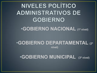 •GOBIERNO NACIONAL (1º nivel)
•GOBIERNO DEPARTAMENTAL (2º
nivel)
•GOBIERNO MUNICIPAL (3º nivel)
 