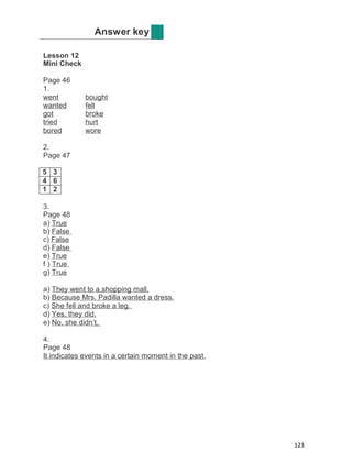 Answer key
Lesson 12
Mini Check
Page 46
1.
went
wanted
go t
tried
bored

bought
fell
broke
hurt
wore

2.
Page 47
5 3
4 6
1 2
3.
Page 48
a) True
b) False
c) False
d) False
e) True
f ) T ru e
g) True
a) They went to a shopping mall.
b) Because Mrs. Padilla wanted a dress.
c) She fell and broke a leg.
d) Yes, they did.
e) No, she didn’t.
4.
Page 48
It indicates events in a certain moment in the past.

123

 