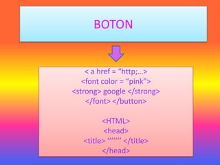 BOTON


    < a href = “http;…>
   <font color = “pink”>
<strong> google </strong>
    </font> </button>

         <HTML>
          <head>
   <title> ‘’’’’’’ </title>
         </head>
 