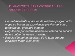 • Control mediante aparatos de relojería programados
  y que se basan en experiencia previas del curso
  temporal del grajeado a mano.
• Regulación por determinación del estado de secado
  de las cubiertas de las grageas.
• Regulación por la medición de la temperatura
  mediante termo elementos.
 