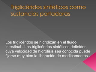 Los triglicéridos se hidrolizan en el fluido
intestinal . Los triglicéridos sintéticos definidos
cuya velocidad de hidrólisis sea conocida puede
fijarse muy bien la liberación de medicamentos .
 