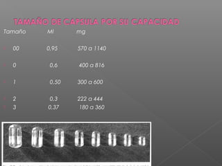 Tamaño   Ml      mg

   00   0,95    570 a 1140

   0     0,6    400 a 816

   1     0,50   300 a 600

   2     0,3    222 a 444
   3    0,37    180 a 360

   4    0,21    126 a 252
 