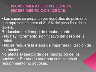 • Las capas se preparan por depósitos de polímeros
que representan entre el 2 - 5% del peso final de la
tableta.
Reducción del tiempo de recubrimiento.
• No hay incremento significativo del peso de la
tableta.
• No se requiere la etapa de impermeabilización de
los núcleos.
No afecta el tiempo de desintegración de los
núcleos. • Se puede usar con soluciones de
recubrimiento no acuosas.
 