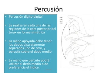 Percusión
• Percusión digito-digital
• Se realiza en cada una de las
regiones de la cara posterior del
tórax en forma simétrica
• La mano apoyada debe tener
los dedos discretamente
separados uno de otro, y
percutir sobre el dedo medio
• La mano que percute podrá
utilizar el dedo medio o de
preferencia el índice. ESM-IPN 25
 