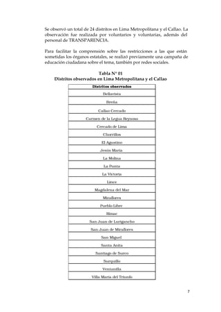 Se observó un total de 24 distritos en Lima Metropolitana y el Callao. La
observación fue realizada por voluntarios y voluntarias, además del
personal de TRANSPARENCIA.
Para facilitar la comprensión sobre las restricciones a las que están
sometidas los órganos estatales, se realizó previamente una campaña de
educación ciudadana sobre el tema, también por redes sociales.
Tabla N° 01
Distritos observados en Lima Metropolitana y el Callao
7
Distritos observados
Bellavista
Breña
Callao Cercado
Carmen de la Legua Reynoso
Cercado de Lima
Chorrillos
El Agustino
Jesús María
La Molina
La Punta
La Victoria
Lince
Magdalena del Mar
Miraflores
Pueblo Libre
Rímac
San Juan de Lurigancho
San Juan de Miraflores
San Miguel
Santa Anita
Santiago de Surco
Surquillo
Ventanilla
Villa María del Triunfo
 