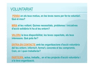 VOLUNTARIAT
PENSA en els teus motius, en les teves raons per fer-te voluntari.
Què et mou?
MIRA al teu voltant. Quines necessitats, problemes i iniciatives
d'acció solidària hi ha al teu entorn?
VALORA la teva disponibilitat, les teves capacitats, els teus
interessos. Què pots fer?
ENTRA EN CONTACTE amb les organitzacions d'acció voluntària
del teu entorn; informa't, forma't, concreta el teu compromís.
Com, on i quan treballaràs?
PARTICIPA, actua, treballa... en el teu projecte d'acció voluntària i
a la teva organització.

 