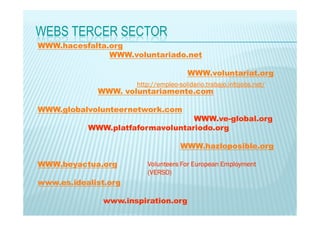 WEBS TERCER SECTOR
WWW.hacesfalta.org
WWW.voluntariado.net
WWW.voluntariat.org
http://empleo-solidario.trabajo.infojobs.net/
http://empleo-

WWW. voluntariamente.com
WWW.globalvolunteernetwork.com
WWW.ve-global.org
WWW.platfaformavoluntariodo.org
WWW.hazloposible.org
WWW.beyactua.org

Volunteers For European Employment
(VERSO)

www.es.idealist.org
www.inspiration.org

 